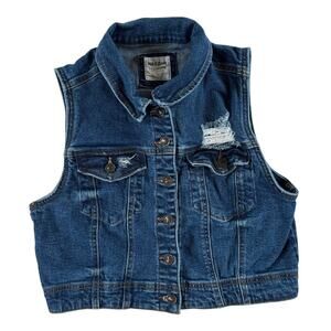 Wax Jean Collection Juniors Sleeveless Distressed Jean Vest - Dark Wash - L